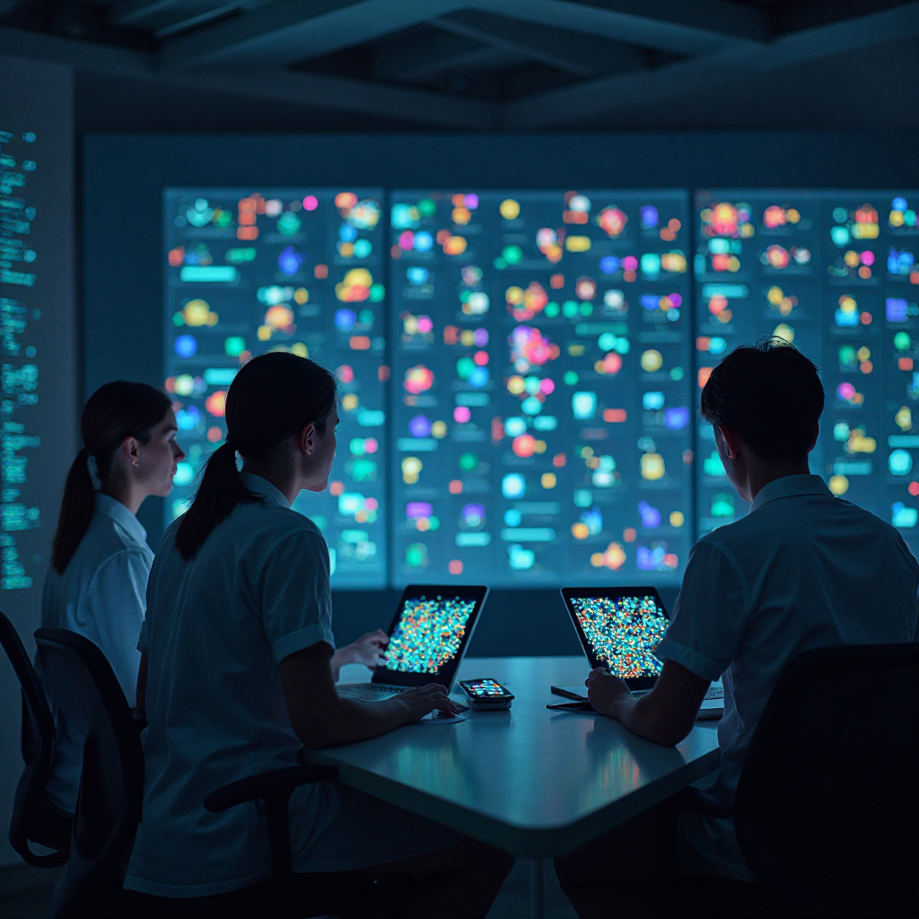 다중 디지털 화면 속 데이터를 분석하는 연구원들의 협업 장면