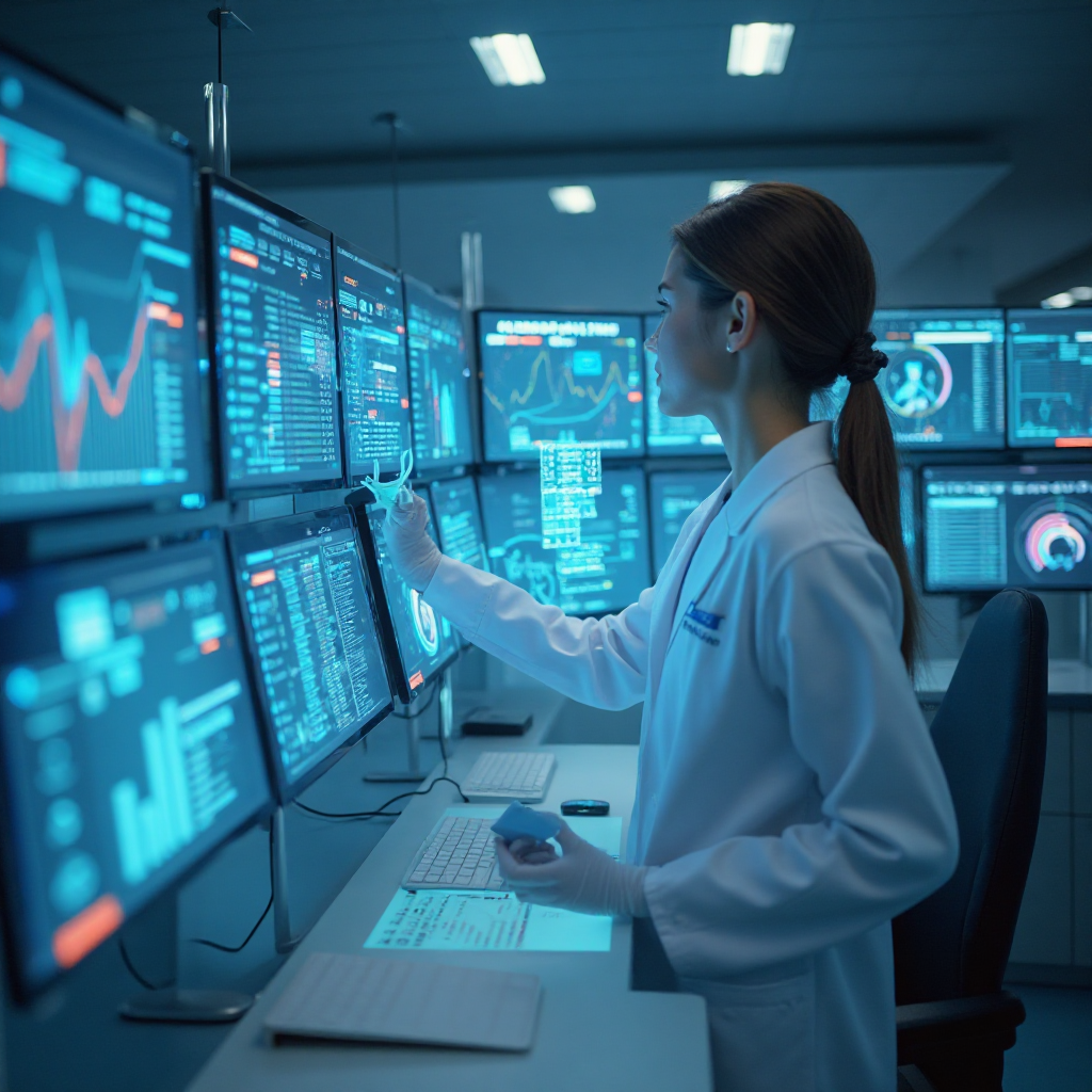 여러 대의 모니터로 데이터를 분석하는 여성 의료 데이터 전문가