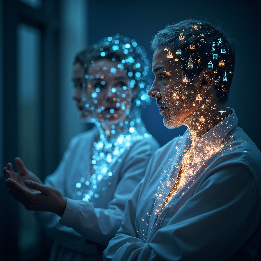 디지털 입자로 표현된 인간 형상을 가진 과학자들의 초상