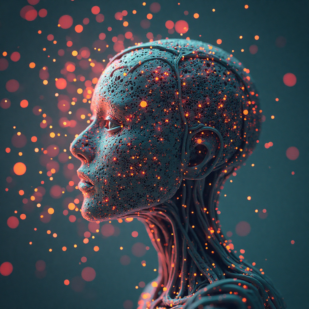 빛의 입자가 흩날리는 인공지능 로봇 얼굴의 예술적 표현