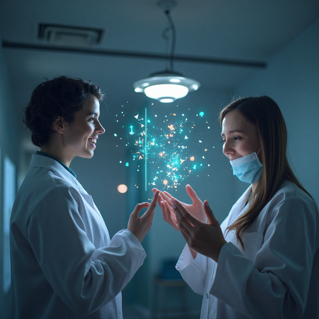 손끝에서 데이터 입자가 피어오르는 두 여성 연구원의 협업 장면