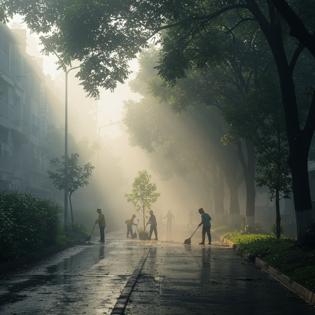 아침 햇살 속에서 거리를 청소하는 사람들의 평온한 도시 풍경