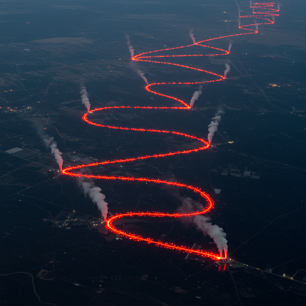 지면 위를 따라 붉은빛으로 이어지는 산업 열선 항공 사진