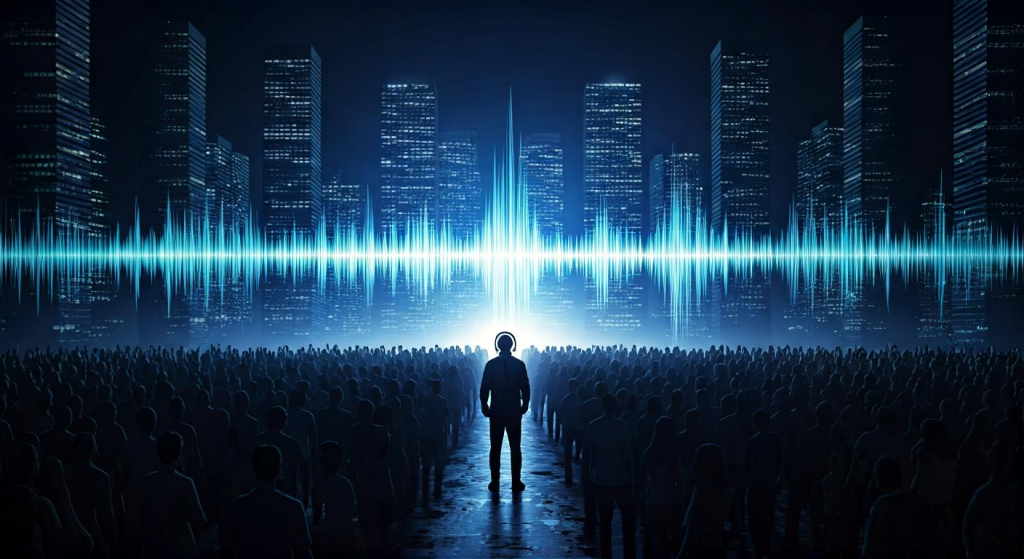 도시의 빛과 파형으로 표현된 군중 속 디지털 소리 그래픽