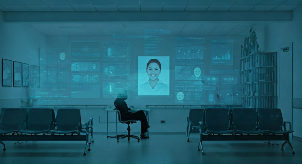 홀로그램 화면을 바라보는 병원 대기실의 의료 데이터 시스템