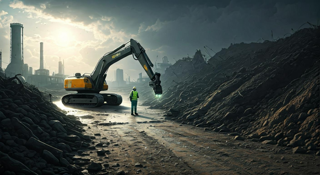 거대한 굴착기와 작업자가 맞서는 산업 폐허의 현장