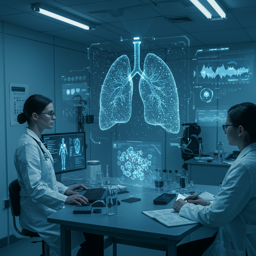 홀로그램 폐 영상으로 질병 데이터를 분석하는 의료 연구원들