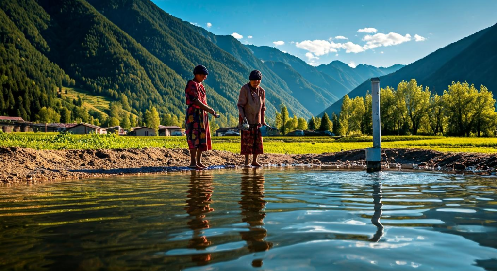 산속 저수지 옆에서 수질을 점검하는 두 여성의 현장 조사 장면