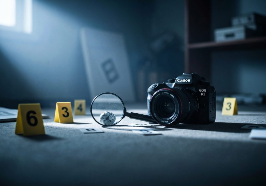 범죄 현장에 배치된 Canon EOS R5 카메라와 돋보기, 노란색 증거 마커 3, 4, 6번이 바닥에 표시된 법의학 수사 장면