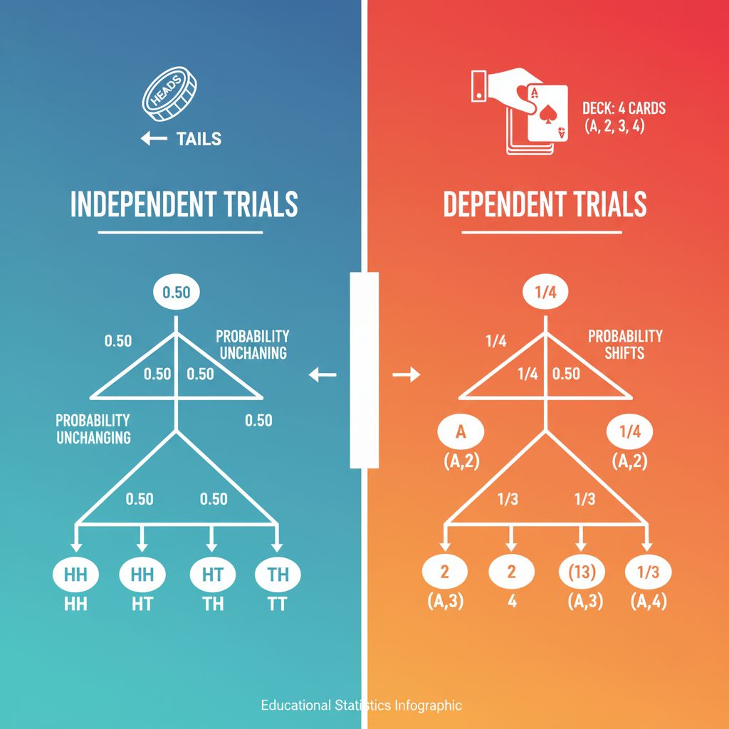 독립 시행과 종속 시행의 확률 비교 인포그래픽 - 동전 던지기와 카드 뽑기의 확률 트리 다이어그램, 교육용 통계 자료