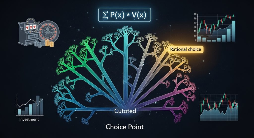 기댓값 공식 ∑P(x)*V(x)이 표시된 의사결정 트리 시각화, 도박과 합리적 선택 사이의 분기점을 보여주며 투자 및 거래 차트가 양측에 배치됨