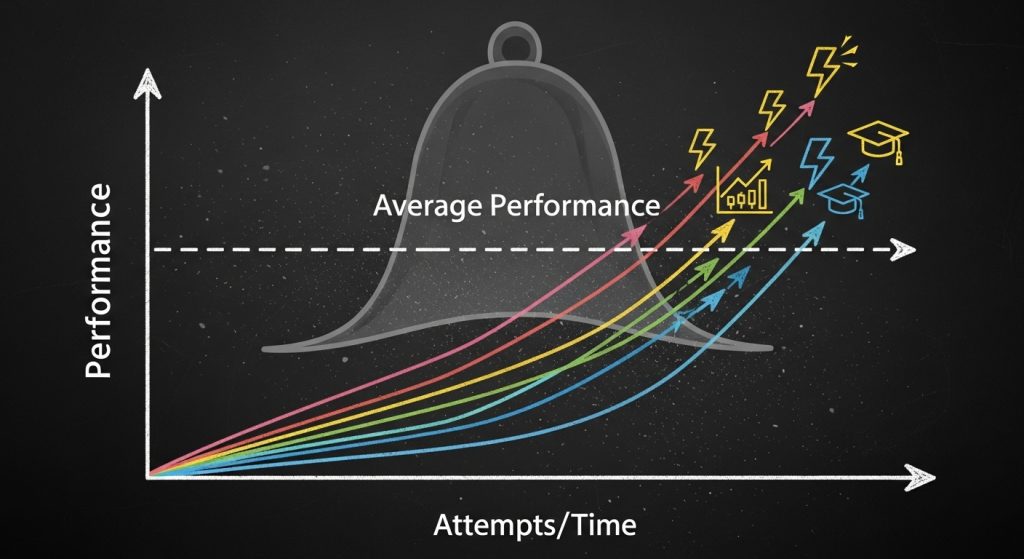 평균 성과를 나타내는 종 곡선 위로 다양한 색상의 화살표가 상승하는 학습 곡선 그래프, 시도/시간에 따른 성과 향상을 시각화, 번개와 졸업모자 아이콘 포함
