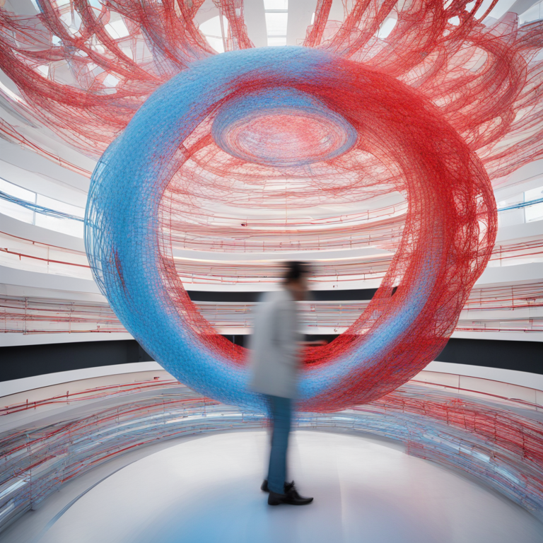 빨간색과 파란색 실로 만든 거대한 원형 구조물 앞에 한 사람이 서 있다