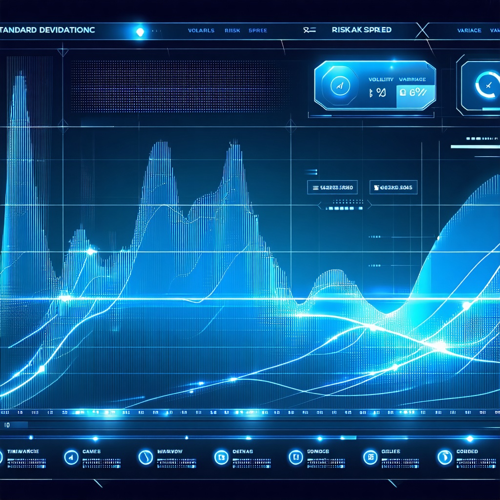 데이터 변동성과 위험 지표가 홀로그램 스타일로 표현된 파란색 분석 그래프 화면