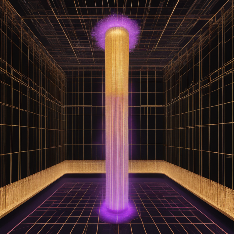 주황색 격자 배경에 보라색과 주황색으로 빛나는 기둥이 중앙에 서 있다