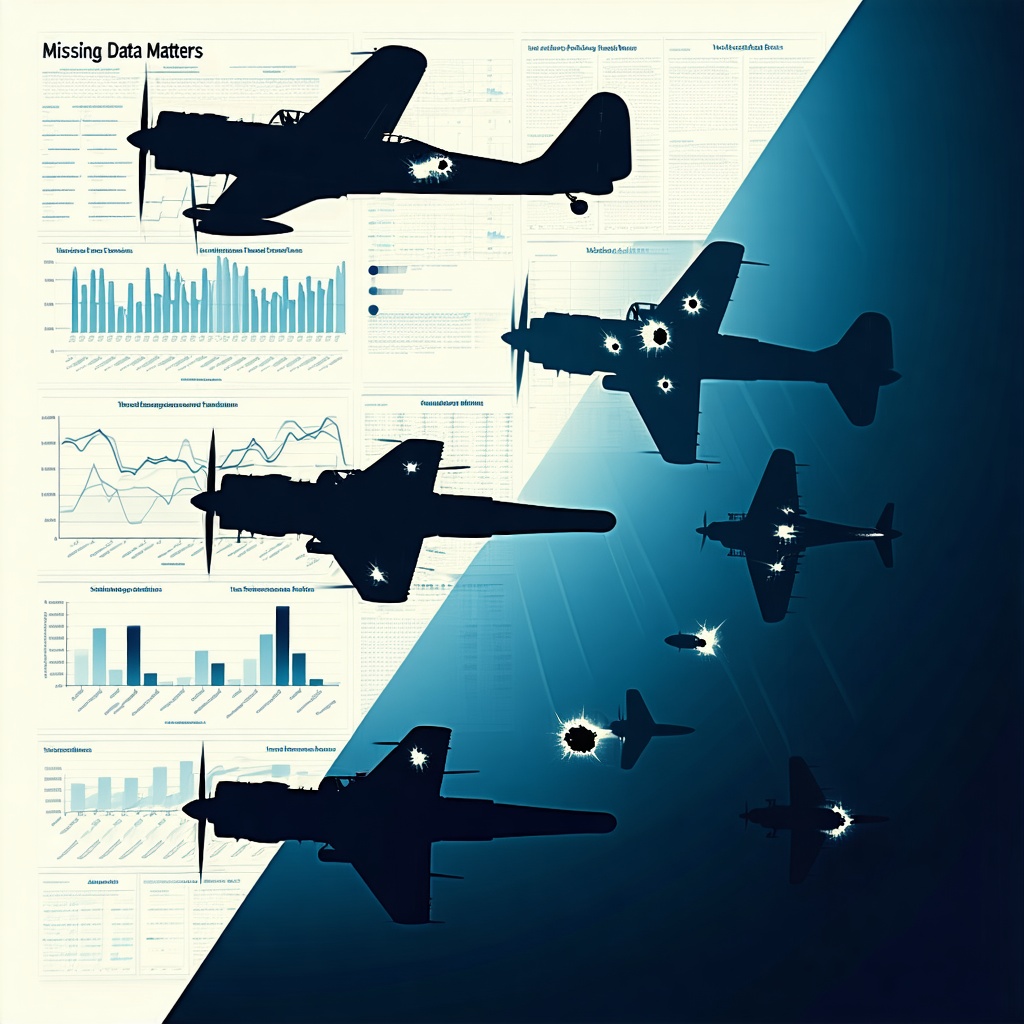 총탄 자국이 남은 전투기 실루엣과 함께 생존자 편향을 설명하는 데이터 시각화 이미지