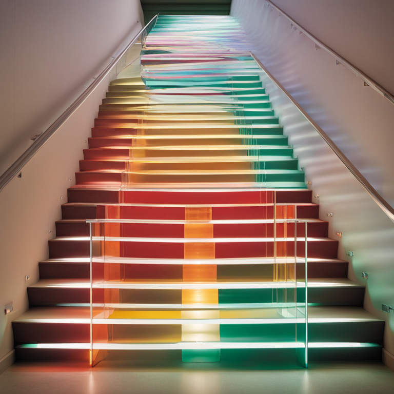 빨간색에서 주황색, 노란색, 녹색으로 이어지는 무지개색 패턴이 있는 계단