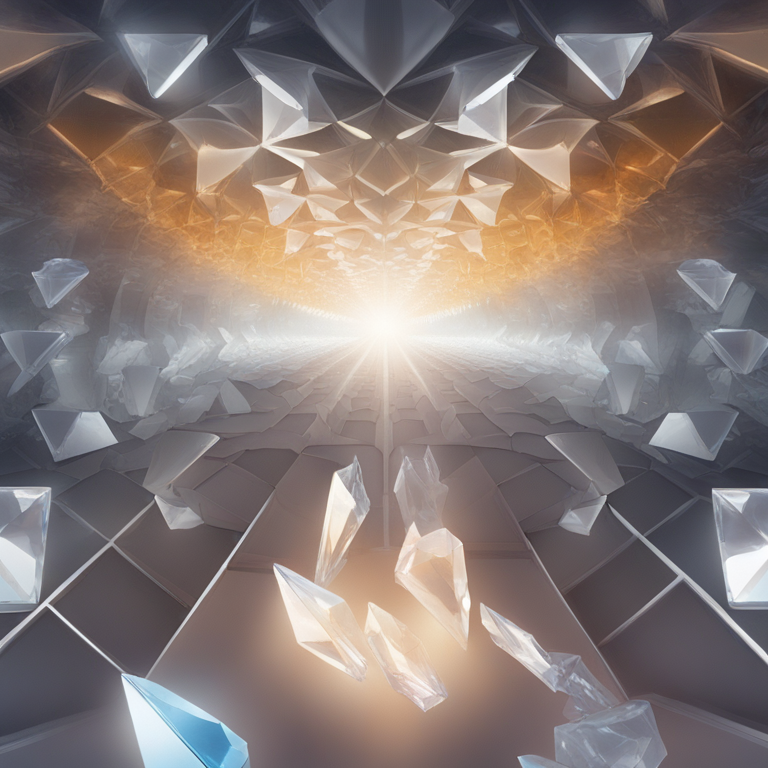 흰색 크리스털 조각들이 대칭으로 배치된 공간 중앙으로 밝은 빛이 쏟아지고 있다