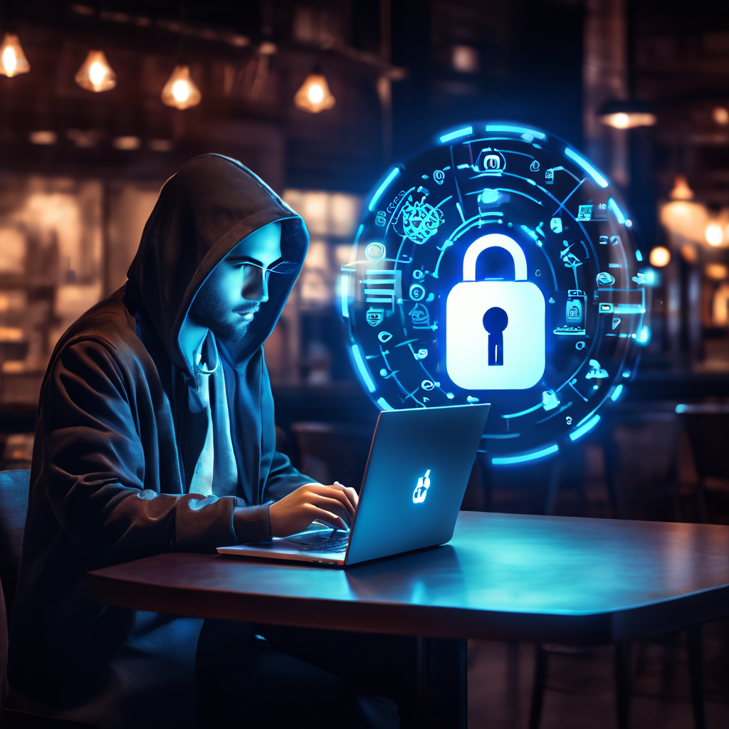 카페에서 노트북을 사용하는 사람이 공공 와이파이에 연결된 화면에 빛나는 자물쇠와 은행 로고를 보며 걱정스러운 표정을 짓고 있다.