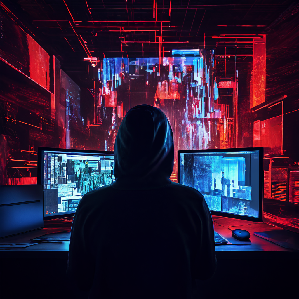 화면에 깨진 디지털 이미지가 떠 있는 컴퓨터 앞에서 걱정스러운 표정을 짓고 있는 사람의 모습이다.