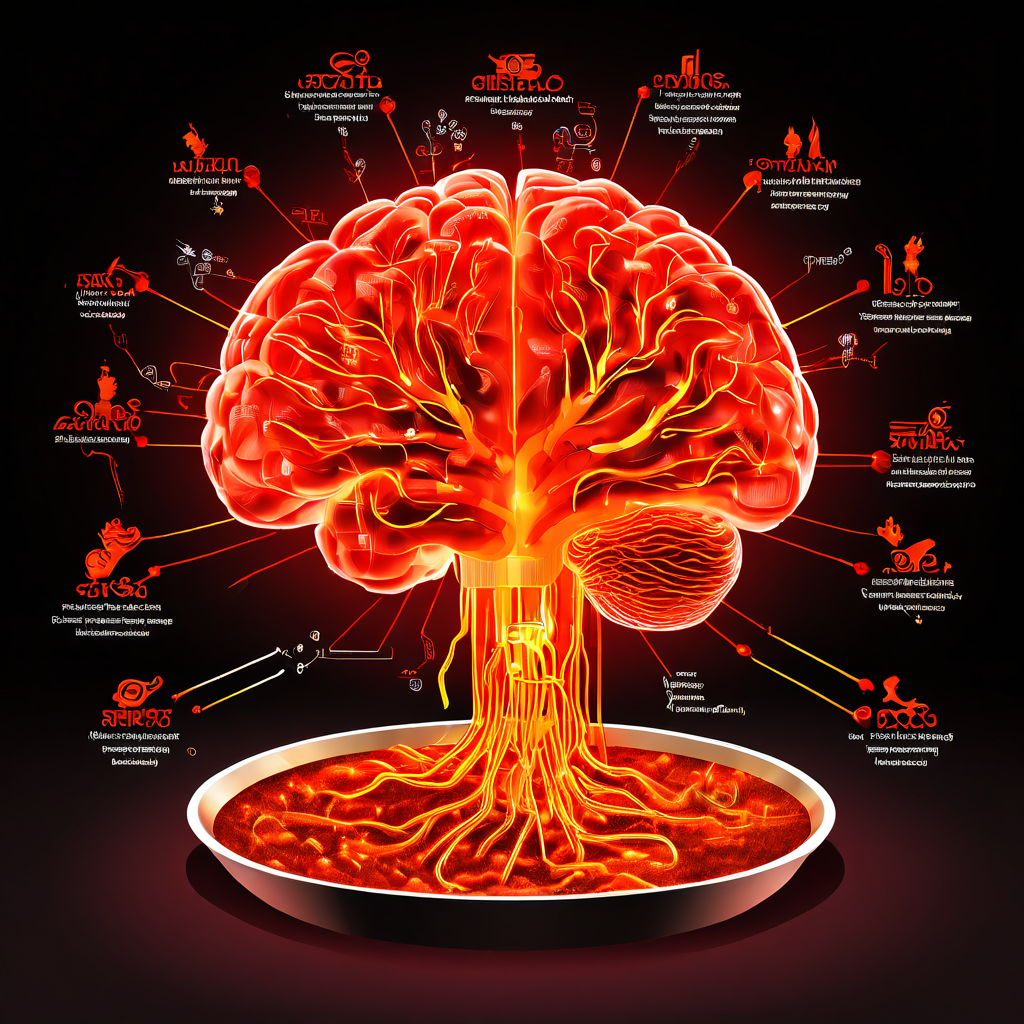 매운 음식이 인간의 뇌 보상 경로를 활성화하여 쾌락과 동기 부여를 유발하는 생리적 및 심리적 과정을 설명하는 과학적 도식 이미지입니다.