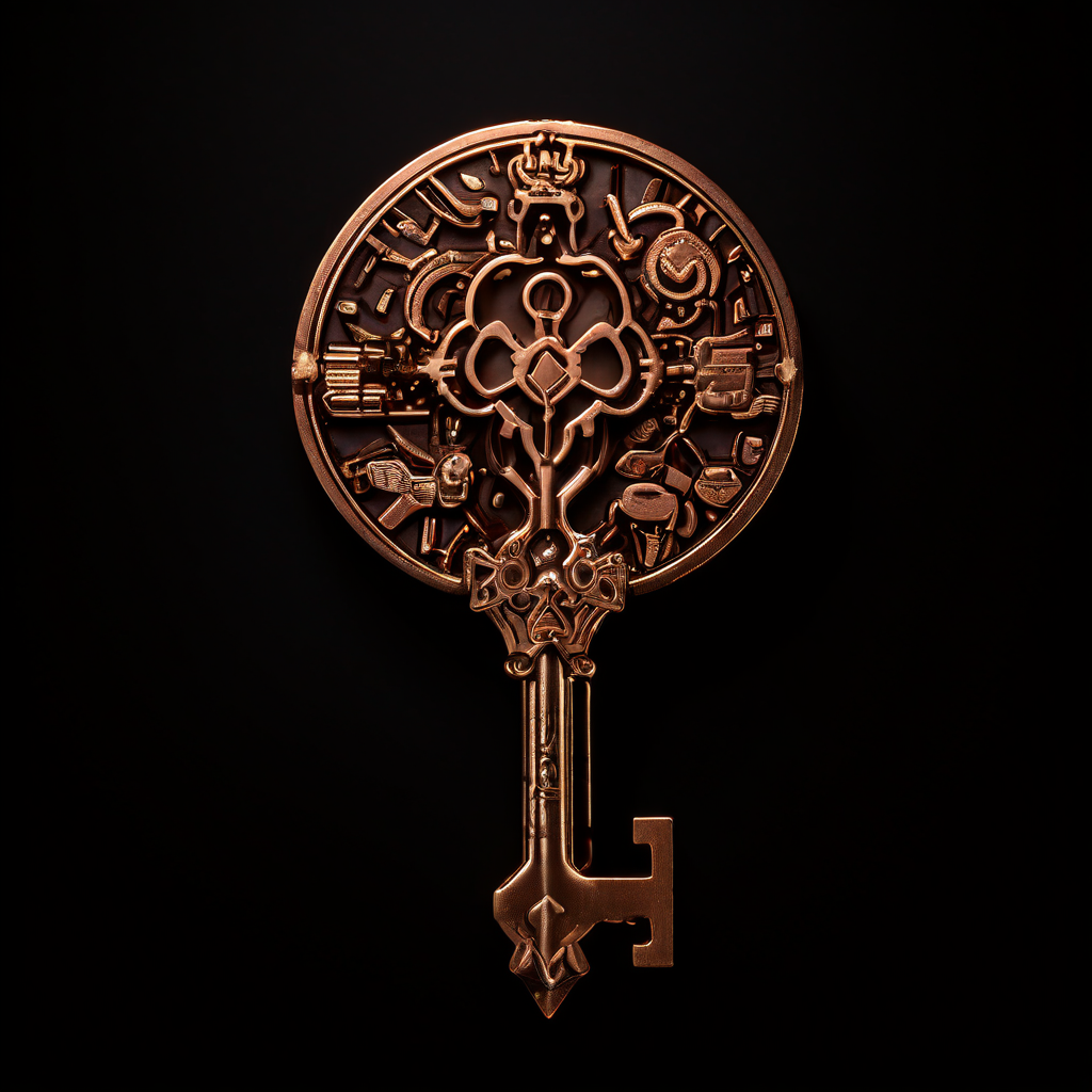 고코아 함량 퍼센트 기호 모양의 암흑 초콜릿 열쇠가 빛나는 두뇌를 열어 지식과 아이디어의 확장을 상징적으로 표현한 이미지입니다.