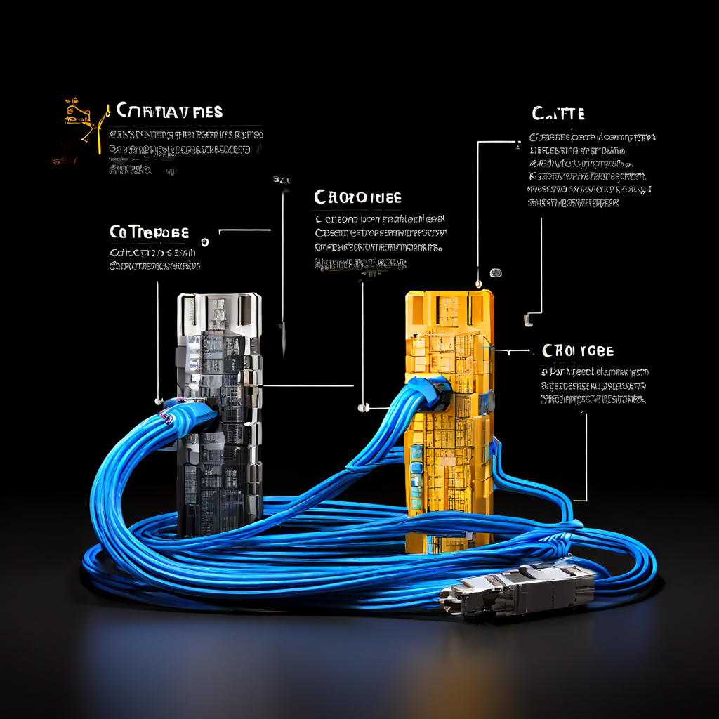 세 개의 이더넷 케이블 Cat5e, Cat6, Cat7이 나란히 배치되어 각각의 속도와 거리 한계가 표기된 비교 도표이다.