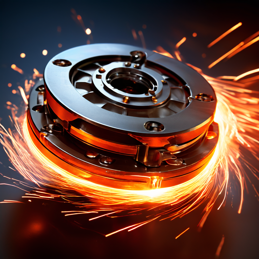 브레이크 패드가 회전하는 로터를 강력하게 고정하며 마찰열과 스파크가 발생하는 단면 구조와, 힘의 방향을 나타내는 화살표 및 감소하는 제동 거리를 시각화한 다이어그램입니다.