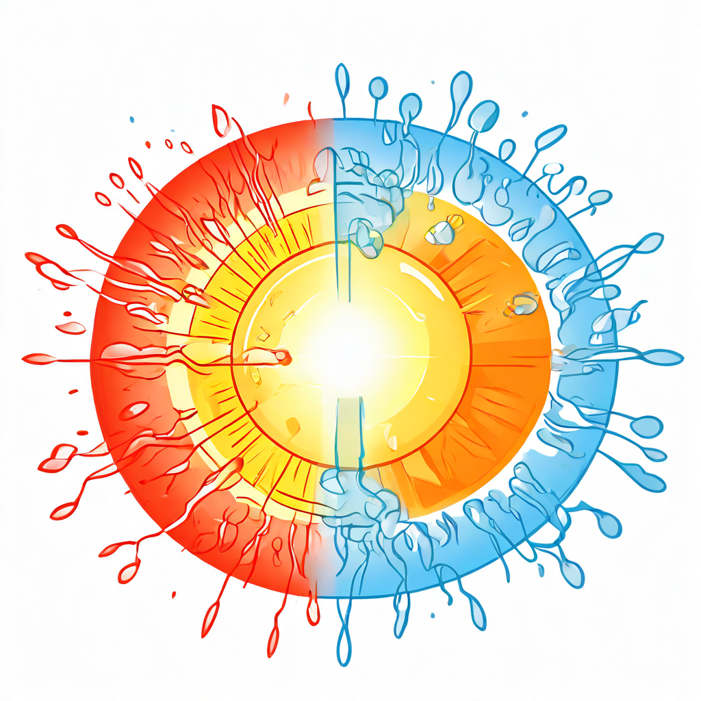 자외선이 피부에 닿을 때 자외선 차단제가 자외선을 반사하고 흡수하여 피부 세포를 보호하는 자외선 차단 원리를 설명하는 다이어그램입니다.