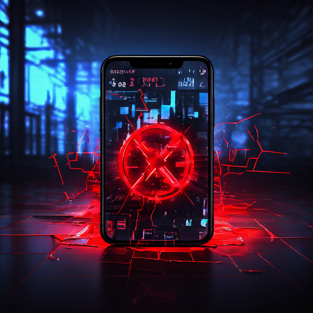 화면이 깨진 배경 위에 빨간 경고 표시와 오류 텍스트가 깜빡이는 스마트폰 화면 모습이다.