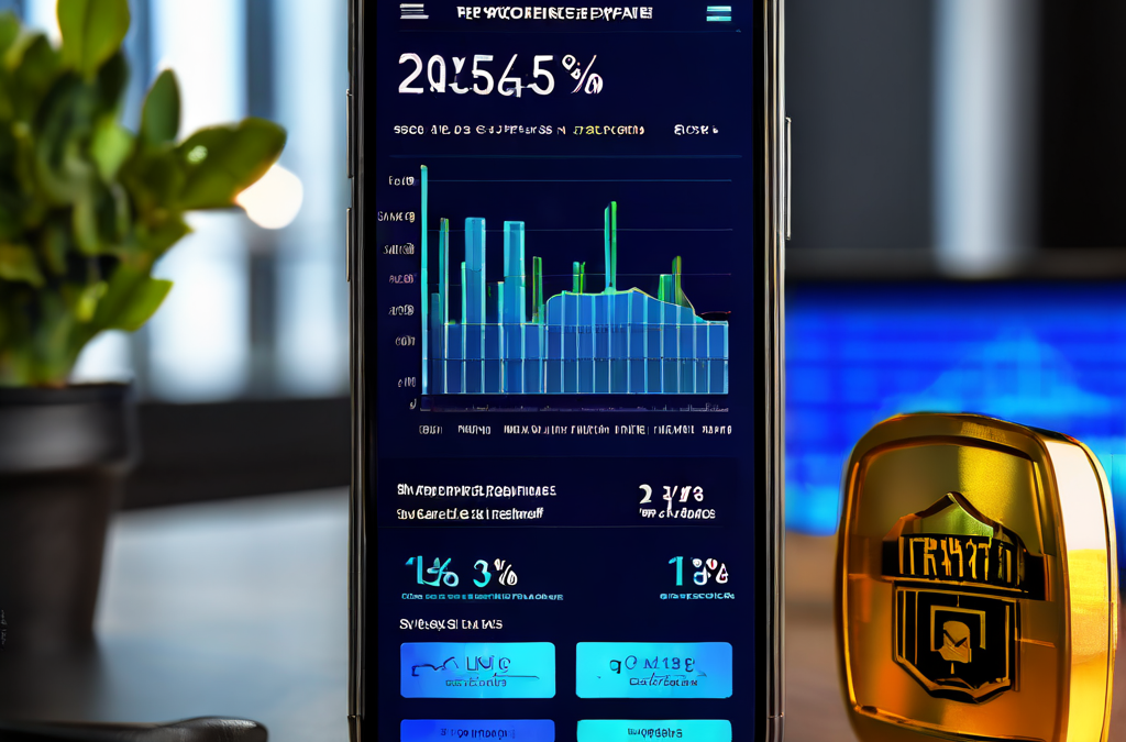 배당금 변동 알림 앱 화면에서 애니메이션 그래프와 비율을 확인할 수 있으며, 디지털 자물쇠 아이콘과 보안 실드가 높은 안전성 등급 분석을 강조하는 스마트폰 인터페이스입니다.