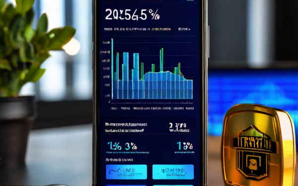 배당금 변동 알림 앱 화면에서 애니메이션 그래프와 비율을 확인할 수 있으며, 디지털 자물쇠 아이콘과 보안 실드가 높은 안전성 등급 분석을 강조하는 스마트폰 인터페이스입니다.