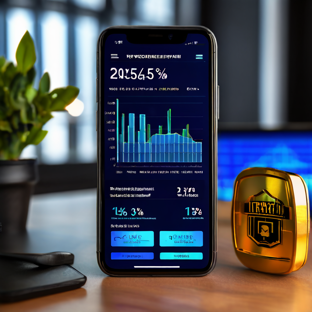 배당금 변동 알림 앱 화면에서 애니메이션 그래프와 비율을 확인할 수 있으며, 디지털 자물쇠 아이콘과 보안 실드가 높은 안전성 등급 분석을 강조하는 스마트폰 인터페이스입니다.