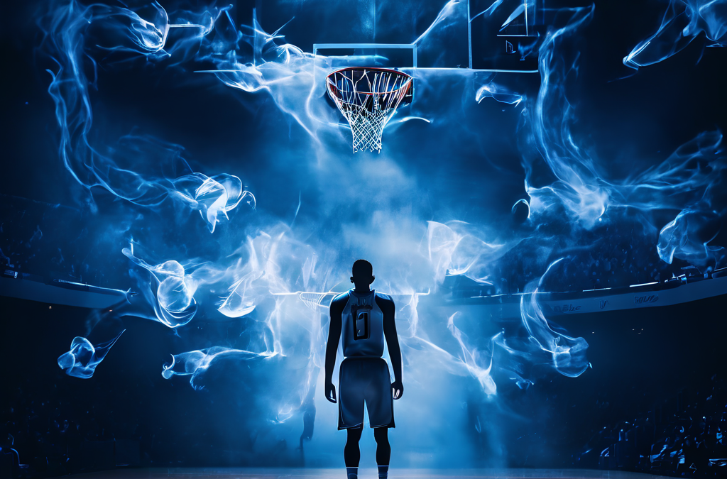 마지막 순간의 경기 종료 버저비터 슛을 던지는 농구 선수를 둘러싼 정신적 압박과 극한의 신체적 피로가 시각화된 긴장감 넘치는 실내 경기장의 장면입니다.