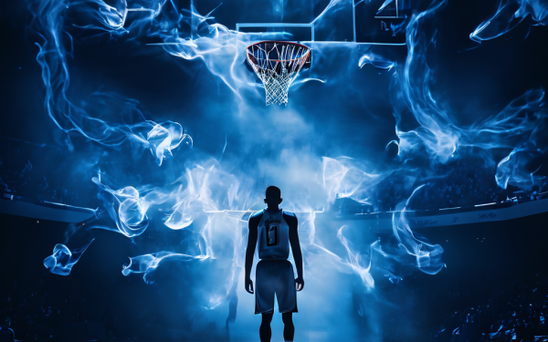 마지막 순간의 경기 종료 버저비터 슛을 던지는 농구 선수를 둘러싼 정신적 압박과 극한의 신체적 피로가 시각화된 긴장감 넘치는 실내 경기장의 장면입니다.