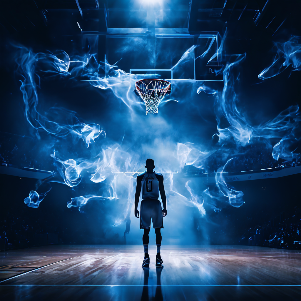 마지막 순간의 경기 종료 버저비터 슛을 던지는 농구 선수를 둘러싼 정신적 압박과 극한의 신체적 피로가 시각화된 긴장감 넘치는 실내 경기장의 장면입니다.