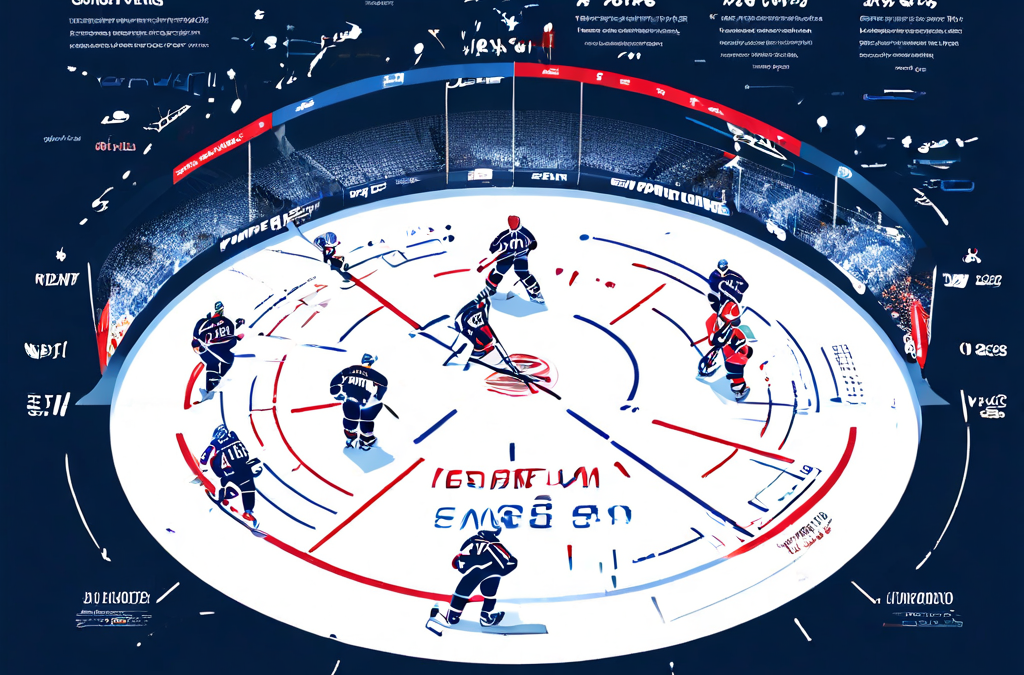 국제 아이스하키의 연장전 및 승부차기 진행 절차를 상세히 분석한 인포그래픽으로, 단계별 플로우차트와 직관적인 아이콘을 통해 체계적으로 설명하고 있습니다.