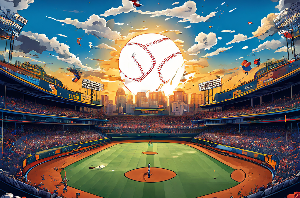 야구 경기에서 상대팀보다 점수를 적게 득점했음에도 불구하고 역설적으로 승리하는 모순적인 상황을 초현실적인 스포츠 일러스트레이션으로 표현한 이미지입니다.