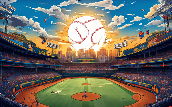 야구 경기에서 상대팀보다 점수를 적게 득점했음에도 불구하고 역설적으로 승리하는 모순적인 상황을 초현실적인 스포츠 일러스트레이션으로 표현한 이미지입니다.