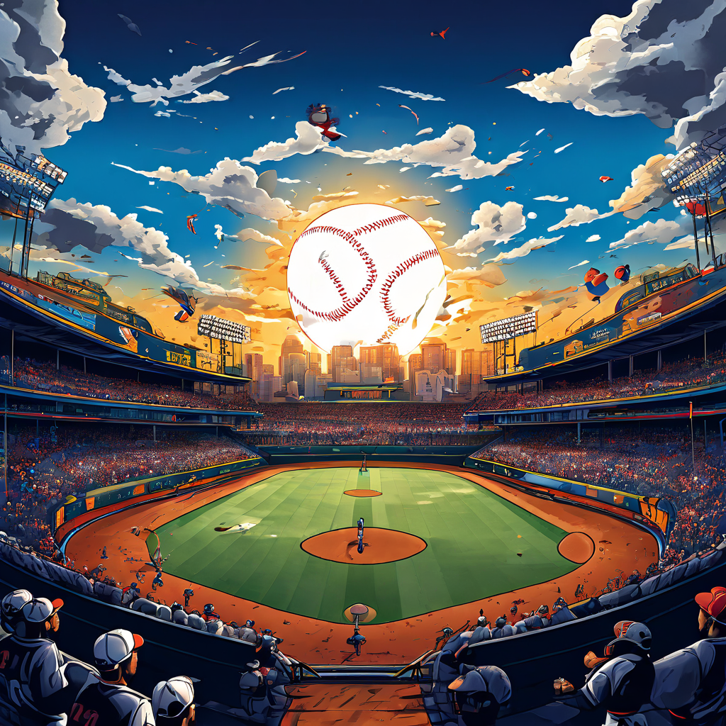 야구 경기에서 상대팀보다 점수를 적게 득점했음에도 불구하고 역설적으로 승리하는 모순적인 상황을 초현실적인 스포츠 일러스트레이션으로 표현한 이미지입니다.