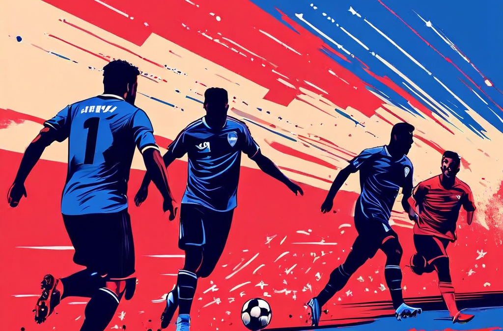 축구 경기에서 모든 공격수들이 전진하며 승률 상승과 위험 증가를 나타내는 통계 오버레이가 표시된 전술적 공격 상황을 시각화한 그래픽입니다.