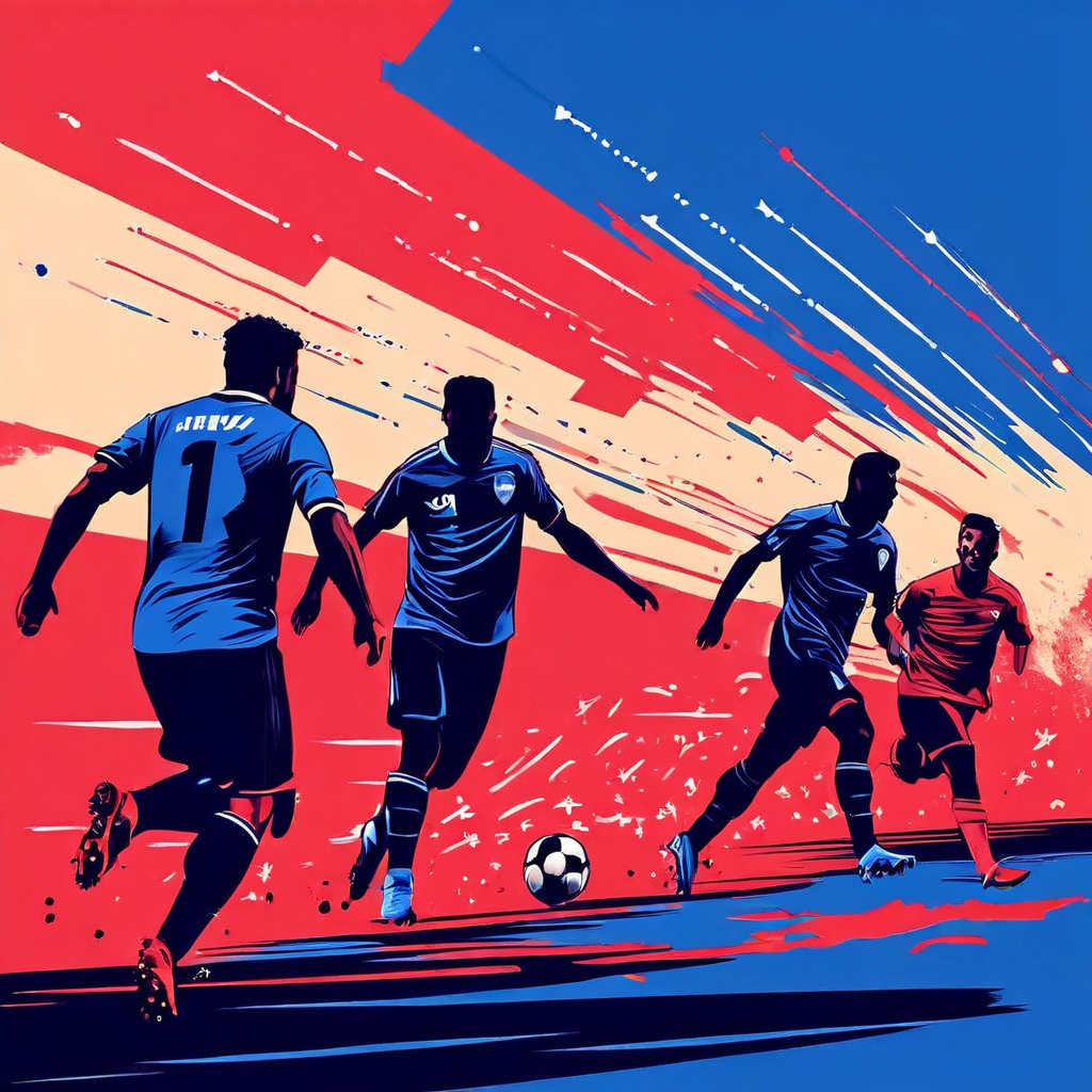 축구 경기에서 모든 공격수들이 전진하며 승률 상승과 위험 증가를 나타내는 통계 오버레이가 표시된 전술적 공격 상황을 시각화한 그래픽입니다.