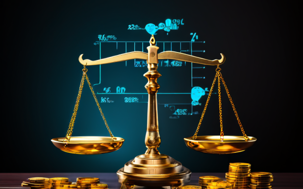 한쪽에는 금화가 쌓인 저울과 다른 쪽에는 빛나는 확률 차트가 올려져 있어, 추첨식 베팅에서 기대값을 냉정하게 계산하는 금전적 위험과 수익 가능성을 시각적으로 상징하는 이미지입니다.