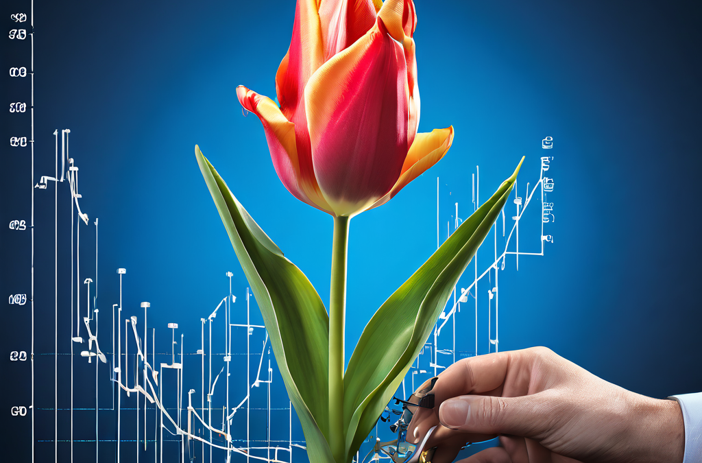 주식 시장 차트 위에서 기계적인 손이 절정기에 달한 거대한 튤립 꽃을 체계적으로 가지치기하며 투자 과열의 위험을 관리하는 개념을 시각화한 이미지입니다.
