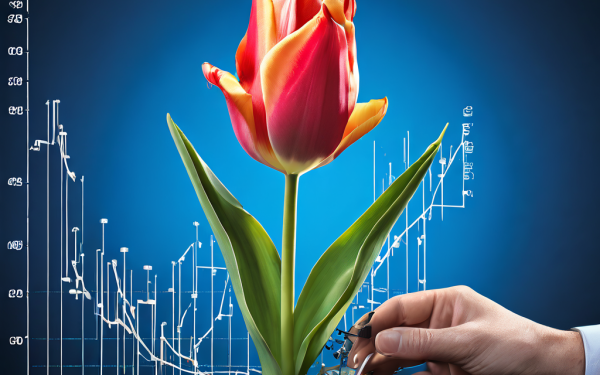 주식 시장 차트 위에서 기계적인 손이 절정기에 달한 거대한 튤립 꽃을 체계적으로 가지치기하며 투자 과열의 위험을 관리하는 개념을 시각화한 이미지입니다.