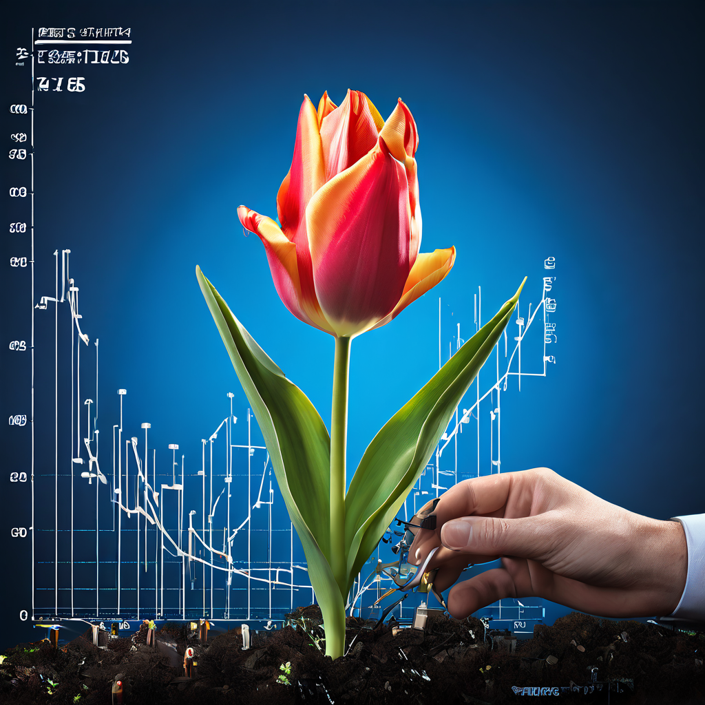 주식 시장 차트 위에서 기계적인 손이 절정기에 달한 거대한 튤립 꽃을 체계적으로 가지치기하며 투자 과열의 위험을 관리하는 개념을 시각화한 이미지입니다.
