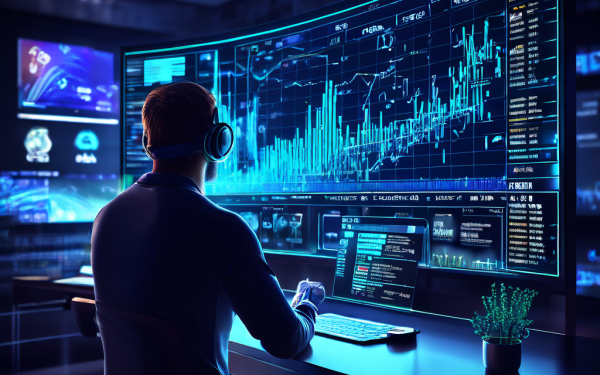 스포츠 데이터 분석가가 다양한 통계 차트를 검토하고 있지만, 최종 예측 결과는 화면 가운데 큰 물음표에 가려져 있어 결과를 확정하기 어려운 상황을 표현한 이미지입니다.