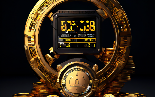 디지털 게이트키퍼 모듈이 속도계를 확인하며 고속으로 흐르는 금화와 고가치 포커 칩의 유입을 규제하고 관리하는 핀테크 시스템 개념을 시각화한 이미지입니다.