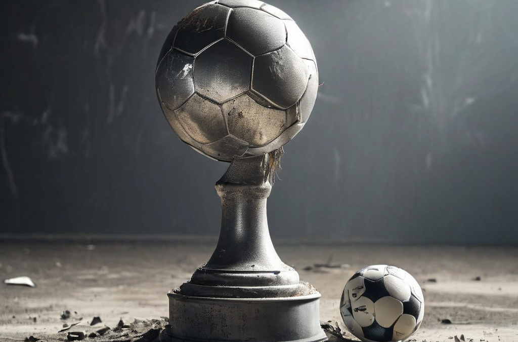 축구 트로피가 퇴색하고 축구공이 바람이 빠진 채 황량한 포디움 위에 방치되어 영광의 순간이 시들어가는 모습을 상징적으로 표현한 이미지입니다.