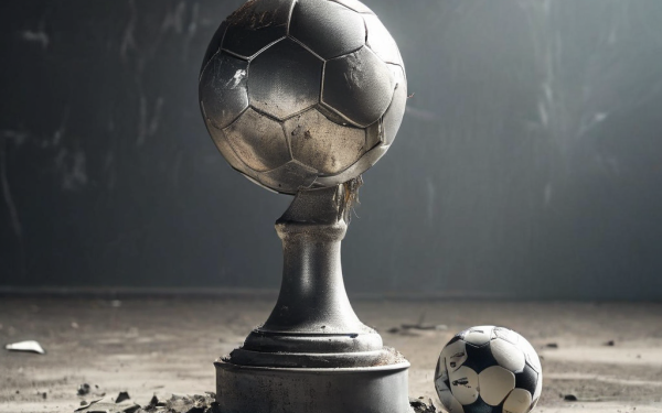축구 트로피가 퇴색하고 축구공이 바람이 빠진 채 황량한 포디움 위에 방치되어 영광의 순간이 시들어가는 모습을 상징적으로 표현한 이미지입니다.
